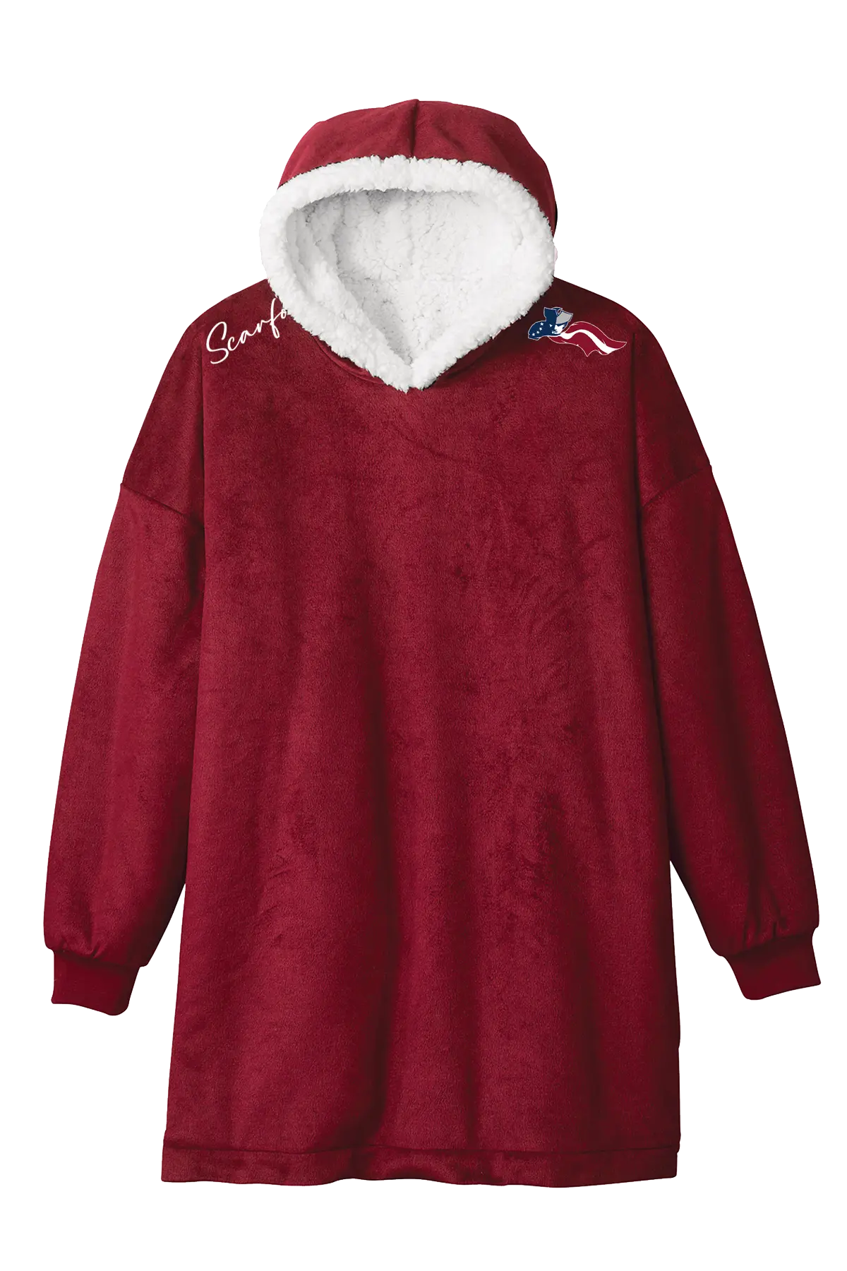Red fleece dress with white hood on a white background. Paper Street Print Co, Blairstown, NJ.