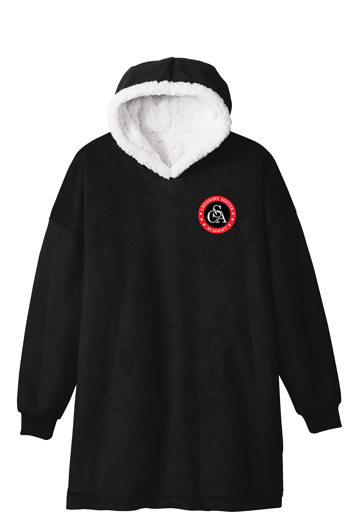 Black hoodie with white fur lining and a red logo on a white background. Paper Street Print Co, Blairstown, NJ.