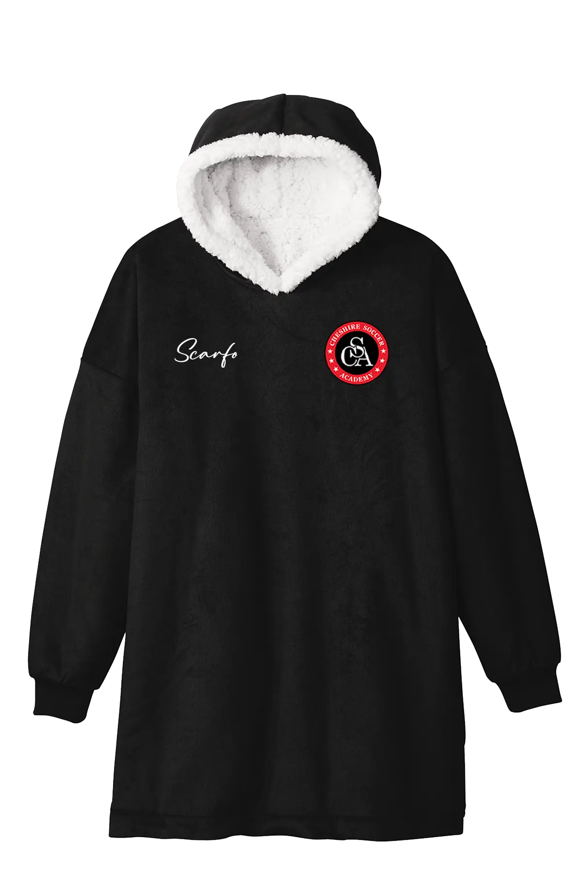Black hoodie with white lining, logo, and text on a white background. Paper Street Print Co, Blairstown, NJ.