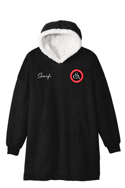 Black hoodie with white lining, logo, and text on a white background. Paper Street Print Co, Blairstown, NJ.