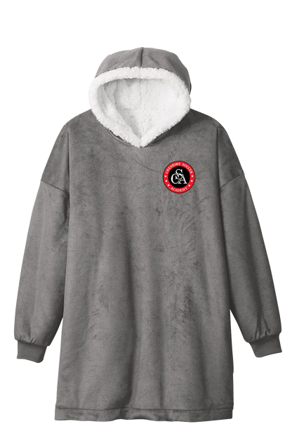 Gray hoodie with white lining and a red logo on a white background. Paper Street Print Co, Blairstown, NJ.