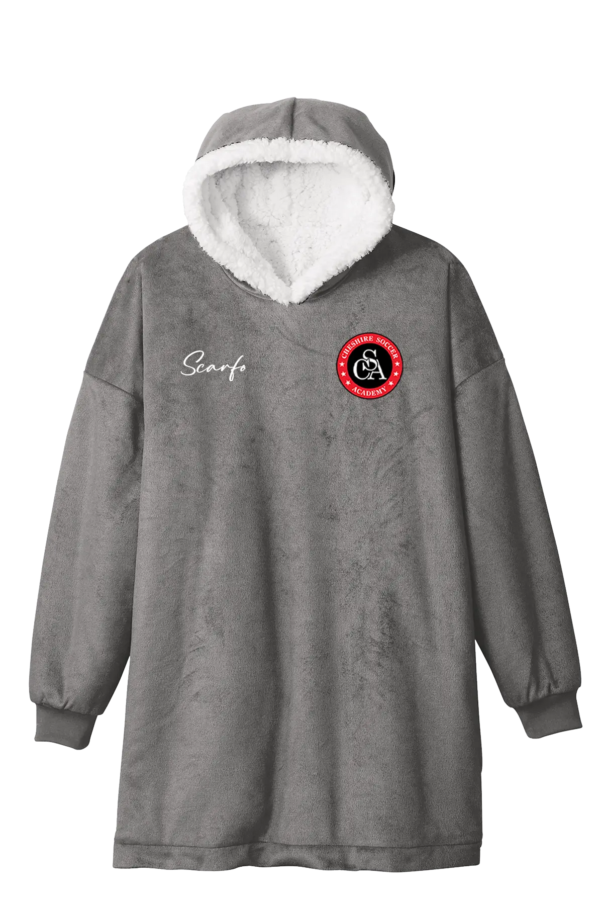 Gray hoodie with white lining and brand logo on a white background. Paper Street Print Co, Blairstown, NJ.