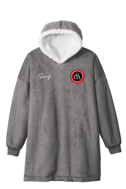 Gray hoodie with white lining and brand logo on a white background. Paper Street Print Co, Blairstown, NJ.