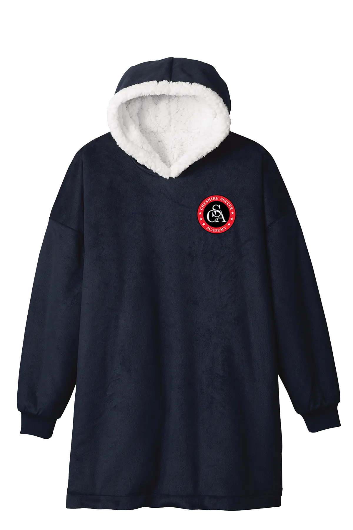 Navy blue hoodie with white lining and a red logo on a white background. Paper Street Print Co, Blairstown, NJ.
