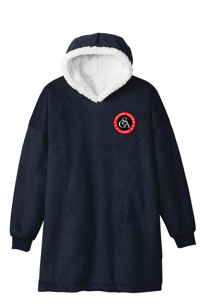 Navy blue hoodie with white lining and a red logo on a white background. Paper Street Print Co, Blairstown, NJ.