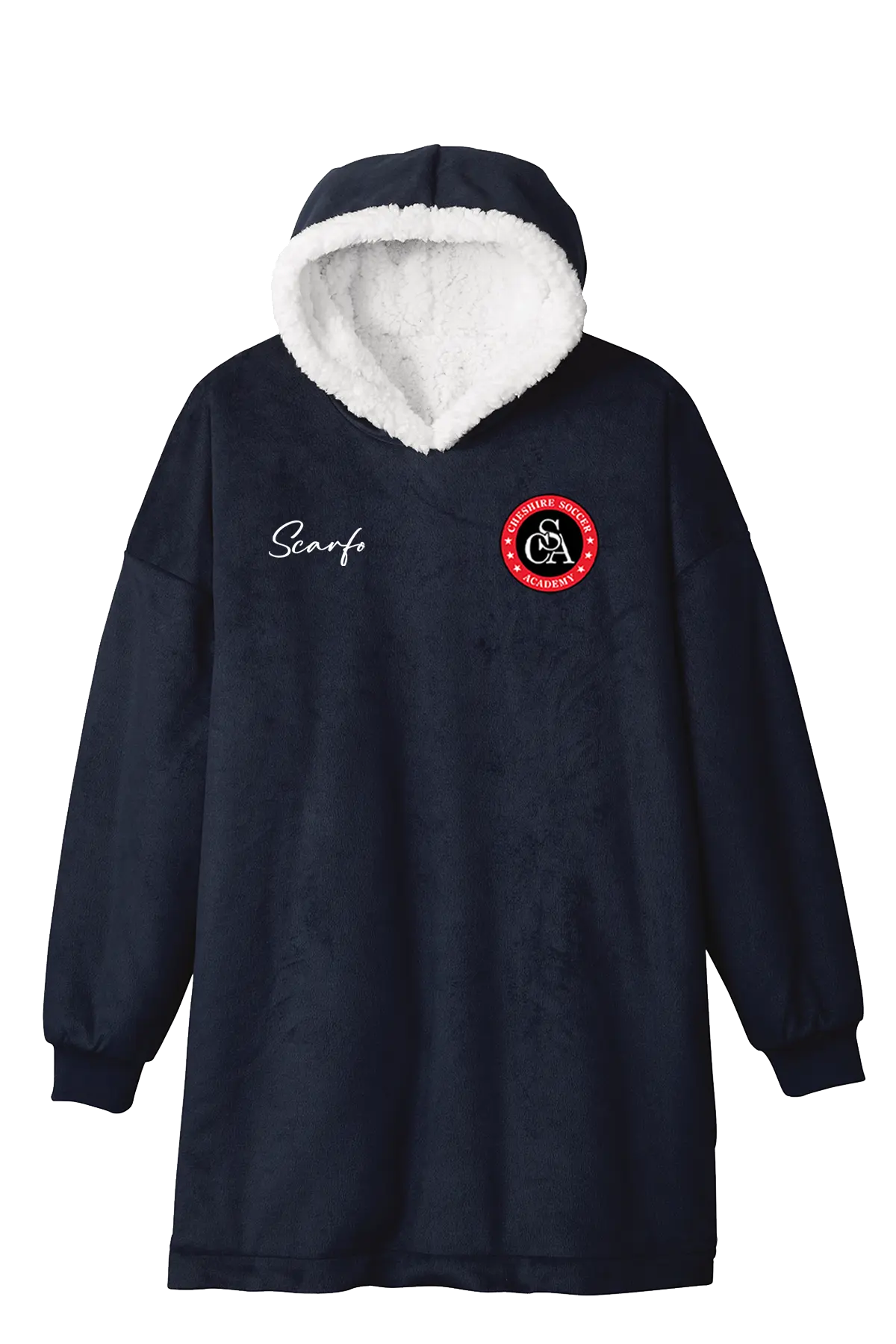 Navy blue hoodie with white lining and a logo on a white background. Paper Street Print Co, Blairstown, NJ.