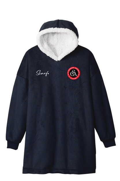 Navy blue hoodie with white lining and a logo on a white background. Paper Street Print Co, Blairstown, NJ.