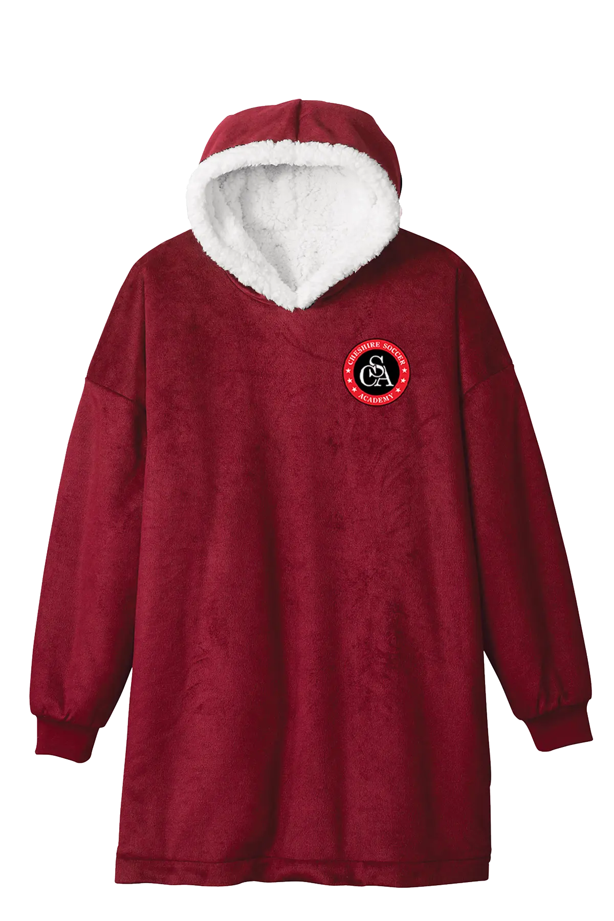 Red fleece dress with white hood and logo on a white background. Paper Street Print Co, Blairstown, NJ.