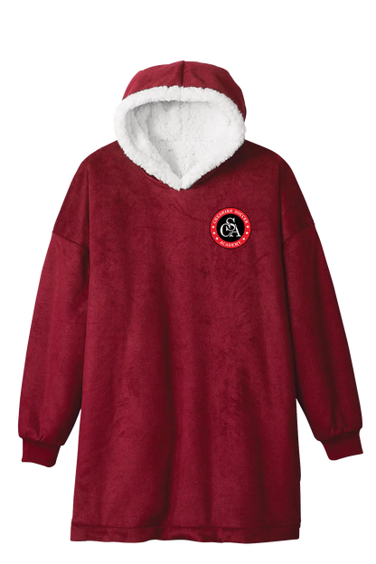 Red fleece dress with white hood and logo on a white background. Paper Street Print Co, Blairstown, NJ.
