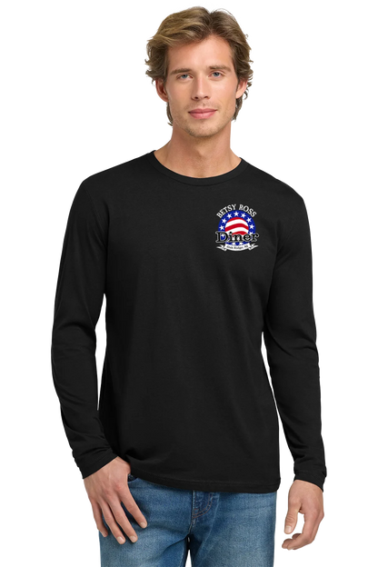 Man wearing a black long-sleeve shirt with a graphic design on a white background. Paper Street Print Co, Blairstown, NJ,
