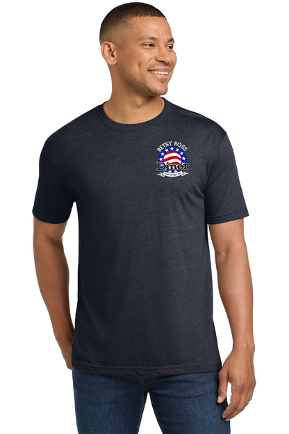 Man wearing a black t-shirt with a logo on a white background. Paper Street Print Co, Blairstown, NJ.