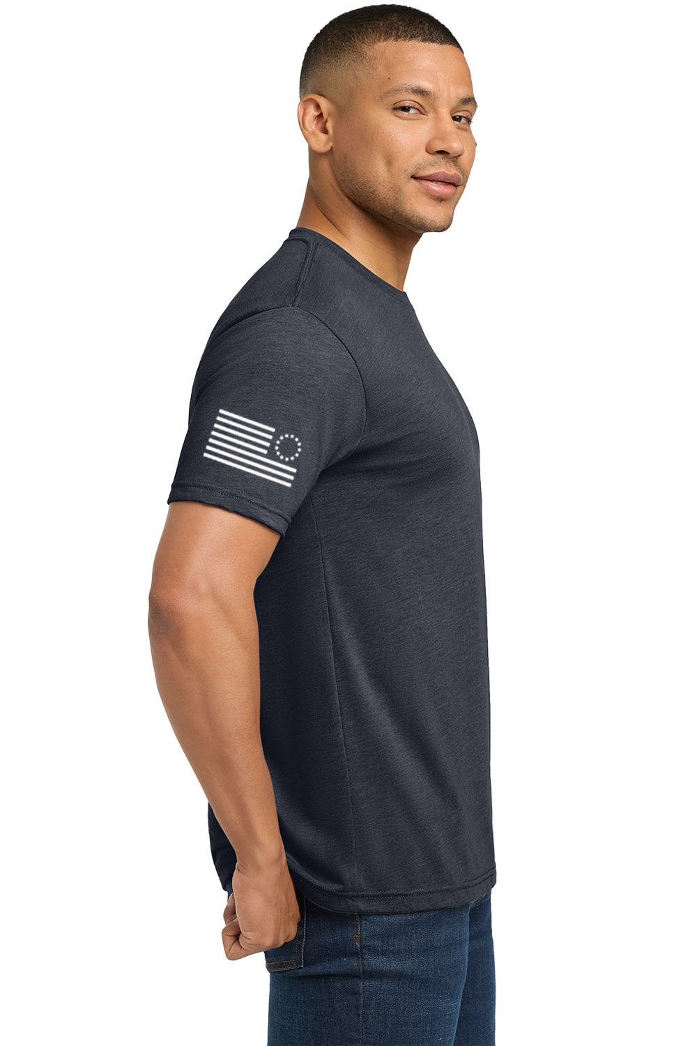 Man wearing a dark gray t-shirt with a flag design on a white background. Paper Street Print Co, Blairstown, NJ.
