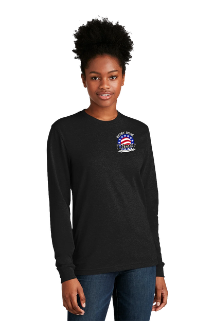 Person wearing a black long-sleeve shirt with a logo on a white background. Paper Street Print Co, Blairstown, NJ,