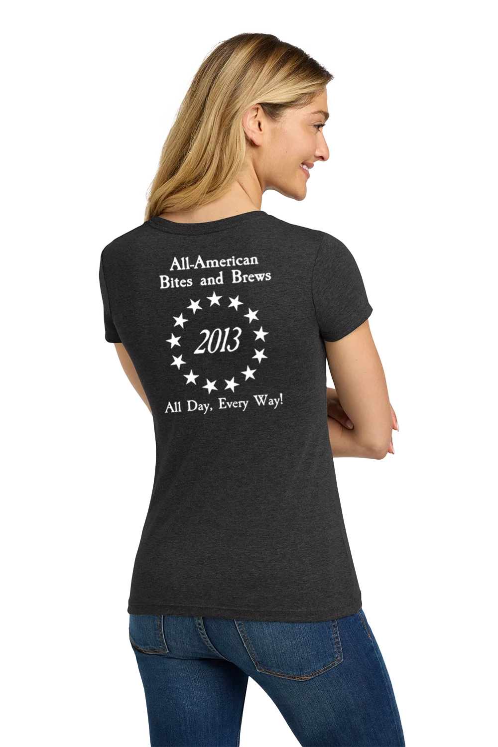 Woman wearing a black t-shirt with text on the back, standing against a white background. Paper Street Print Co, Blairstown, NJ.