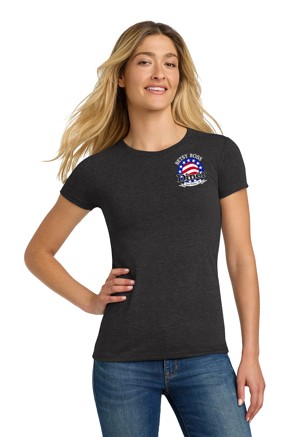 Woman wearing a black t-shirt with a graphic design on a white background. Paper Street Print Co, Blairstown, NJ,