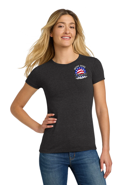Woman wearing a black t-shirt with a graphic design on a white background. Paper Street Print Co, Blairstown, NJ,