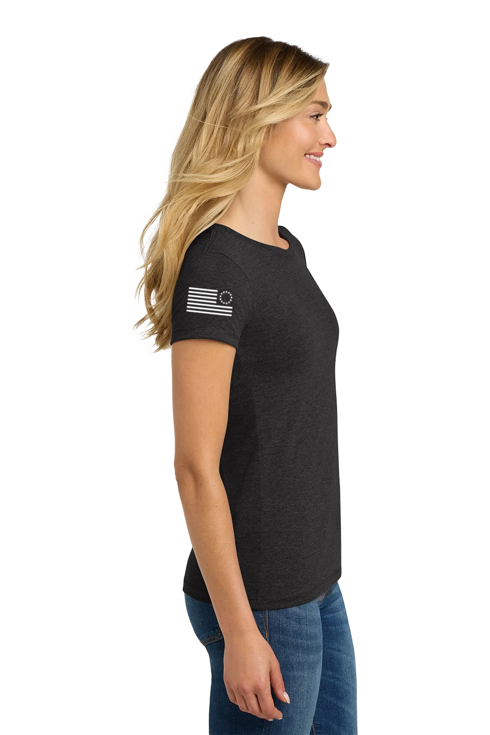 Woman wearing a black t-shirt with a flag design on a white background. Paper Street Print Co, Blairstown, NJ.