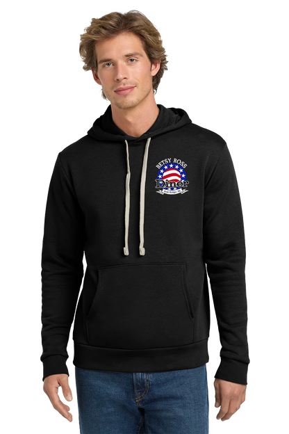 Man wearing a black hoodie with a logo on a white background. Paper Street Print Co, Blairstown, NJ.