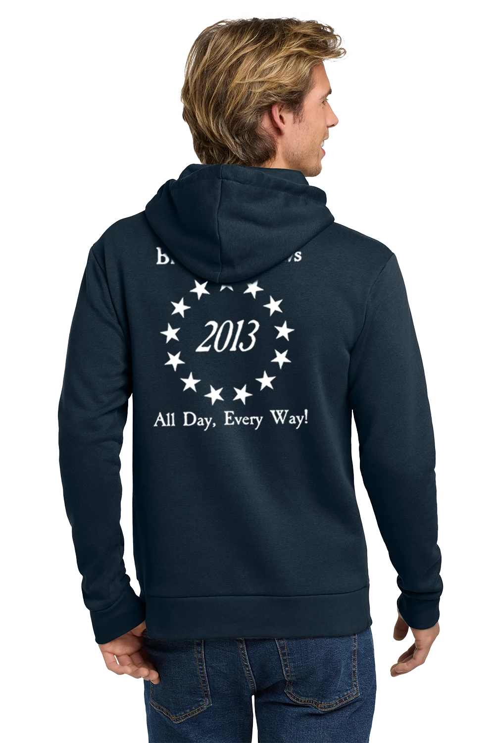 Navy hoodie with white text on the back, worn by a person on a white background.
