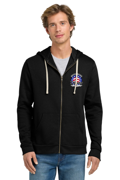 Man wearing a black hoodie with a logo on a white background. Paper Street Print Co, Blairstown, NJ,