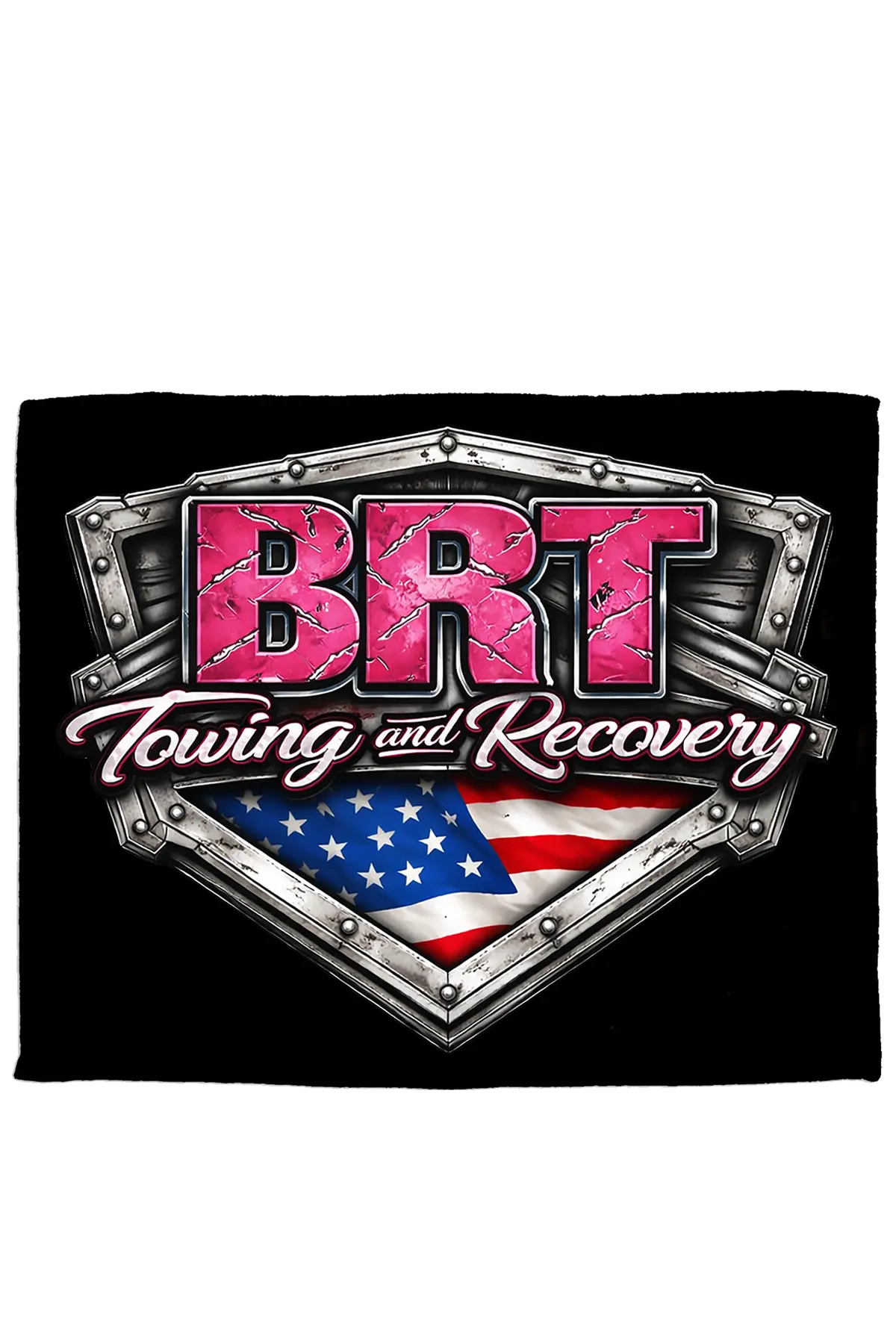 BRT Towing and Recovery logo with American flag on a black background. Paper Street Print Co., Blairstown, NJ.