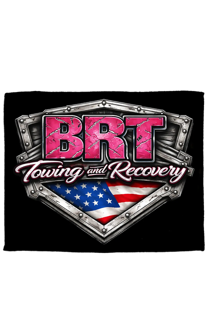 BRT Towing and Recovery logo with American flag on a black background. Paper Street Print Co., Blairstown, NJ.