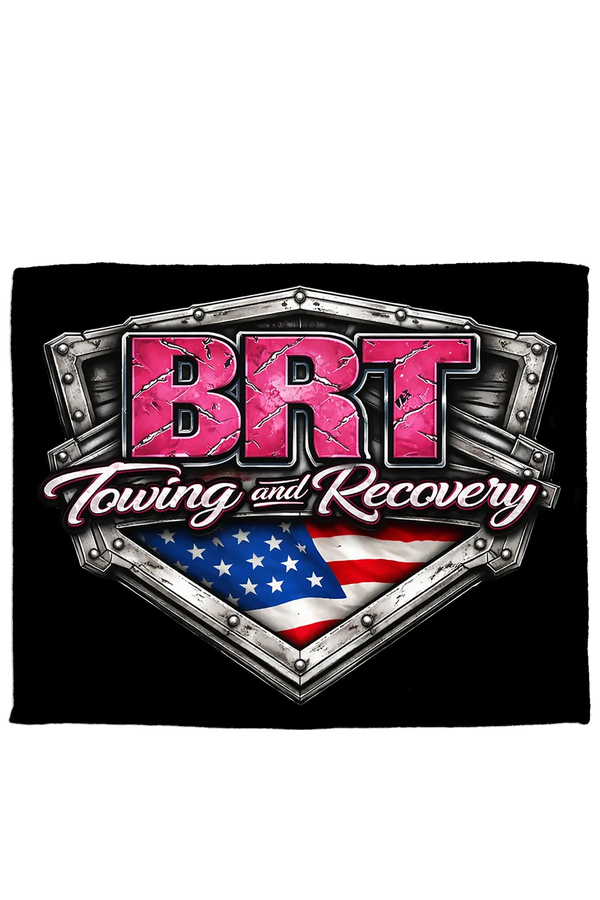 BRT Towing and Recovery logo with American flag on a black background. Paper Street Print Co., Blairstown, NJ.