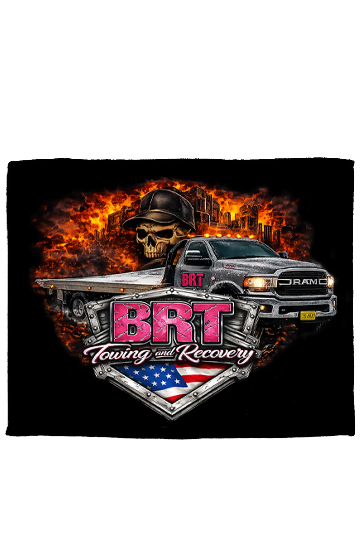 Fleece blanket with BRT Towing and Recovery logo featuring a truck and skull design on a black background. Paper Street Print Co., Blairstown, NJ.