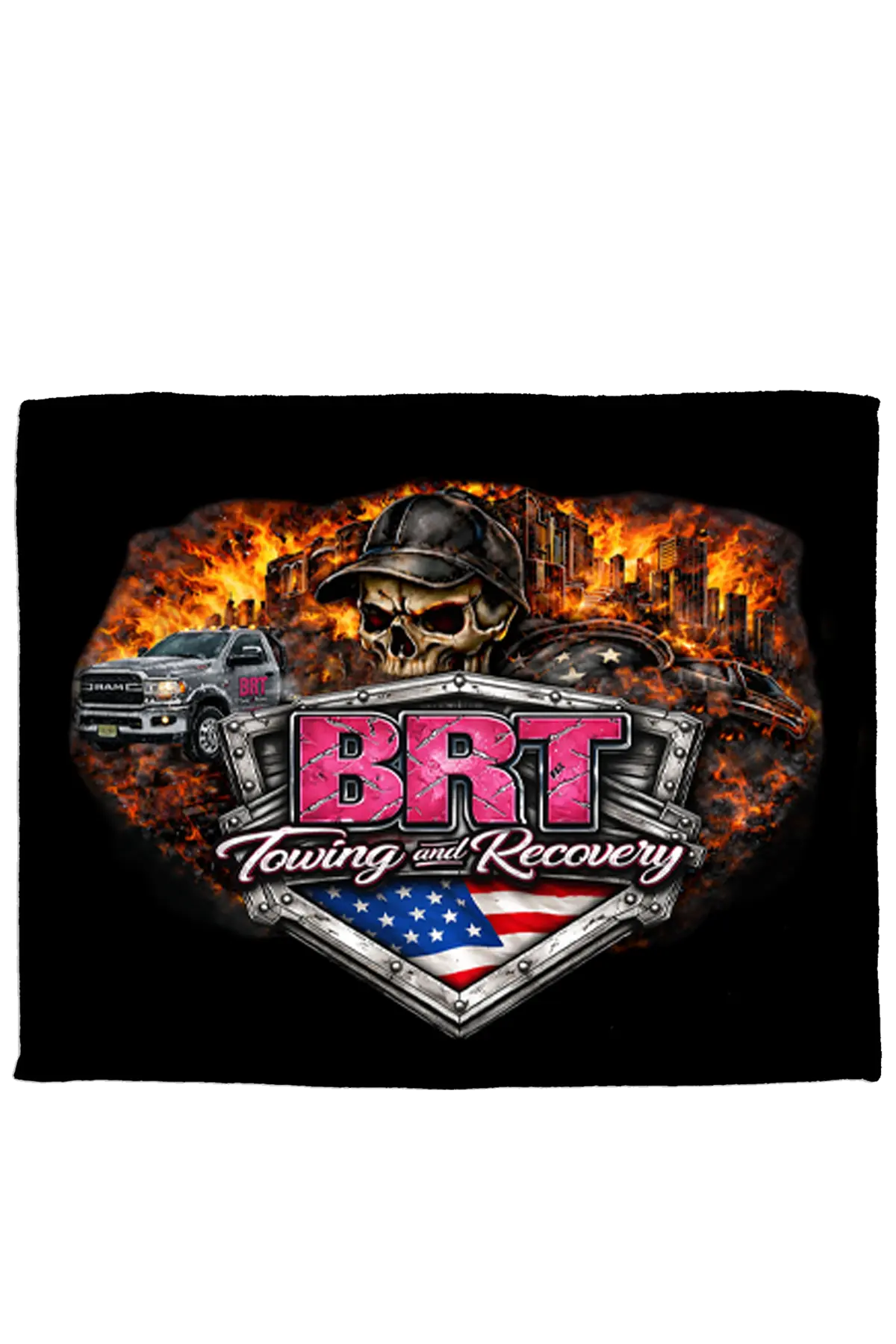 BRT Towing and Recovery logo with skull and flames on a black background. Paper Street Print Co., Blairstown, NJ.