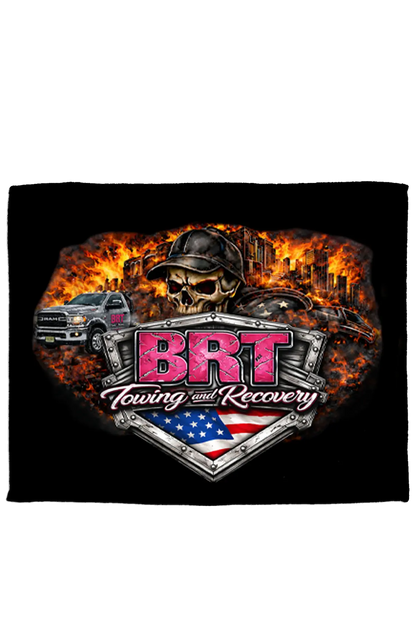 BRT Towing and Recovery logo with skull and flames on a black background. Paper Street Print Co., Blairstown, NJ.