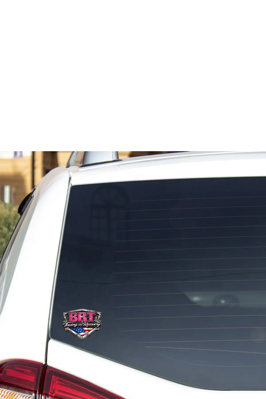 Car window with a BRT Towing and Recovery sticker. Paper Street Print Co, Blairstown, NJ.