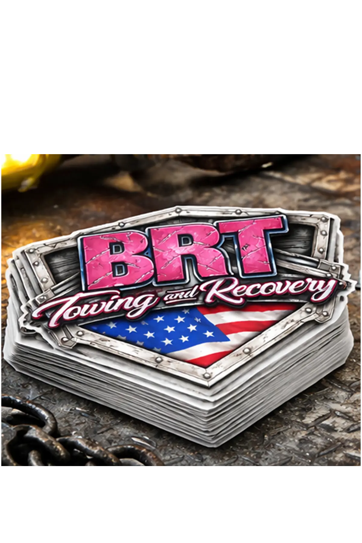 BRT Towing and Recovery stickers with American flag on a textured surface, stack of 25 stickers. Paper Street Print Co, Blairstown, NJ.