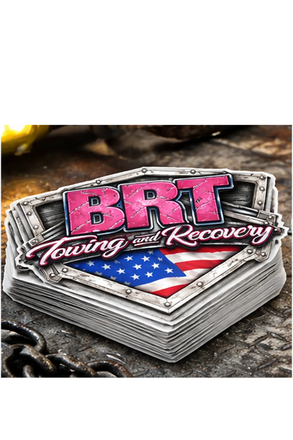 BRT Towing and Recovery stickers with American flag on a textured surface, stack of 25 stickers. Paper Street Print Co, Blairstown, NJ.