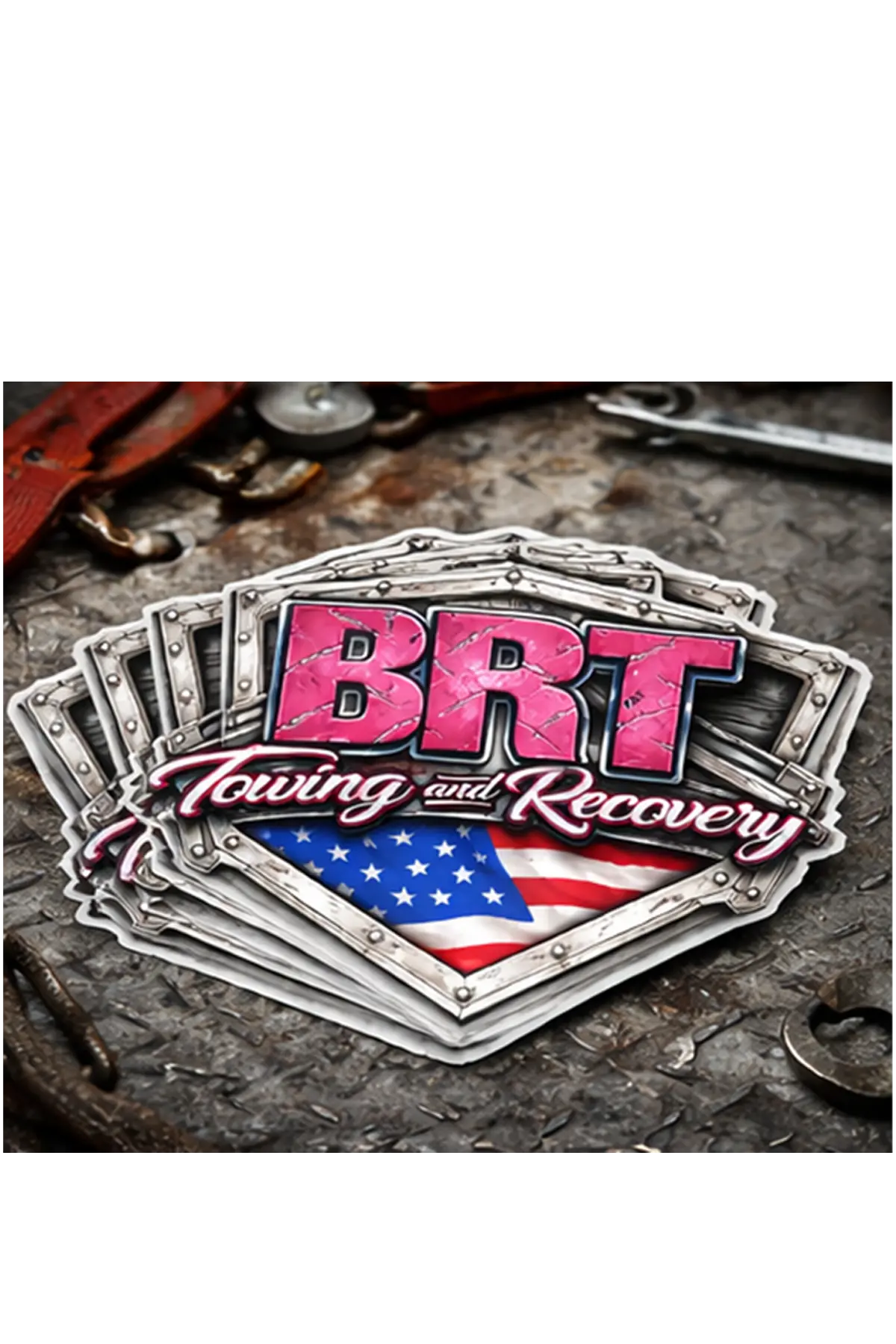 BRT Towing and Recovery sticker with American flag on a textured background, stack of 5 stickers. Paper Street Print Co, Blairstown, NJ.