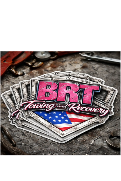 BRT Towing and Recovery sticker with American flag on a textured background, stack of 5 stickers. Paper Street Print Co, Blairstown, NJ.