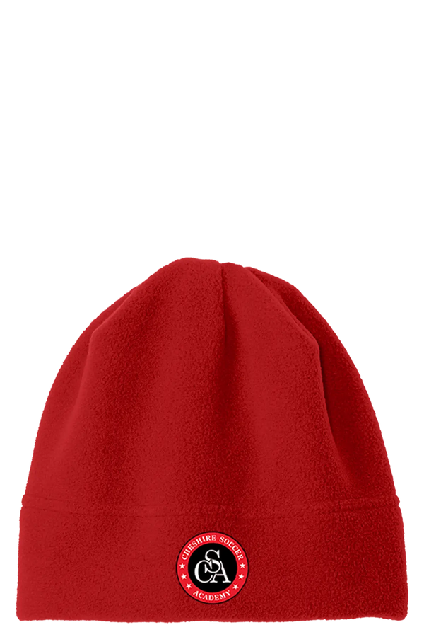 Red beanie with a red and white logo on a white background. Paper Street Print Co, Blairstown, NJ.