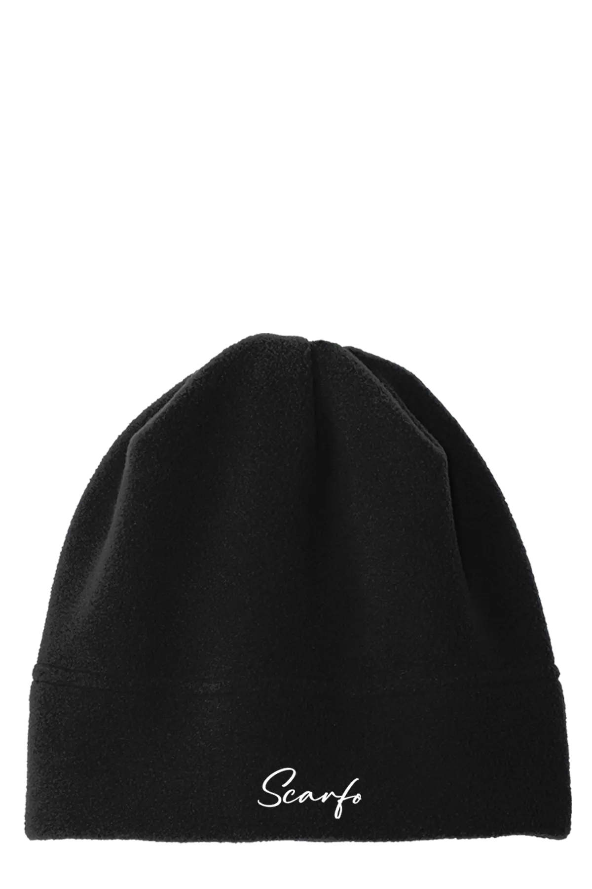 Black beanie with 'Scarfo' branding on a white background. Paper Street Print Co, Blairstown, NJ.
