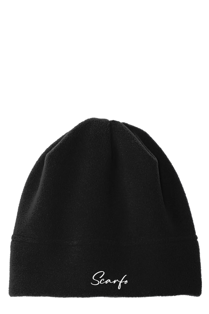 Black beanie with 'Scarfo' branding on a white background. Paper Street Print Co, Blairstown, NJ.