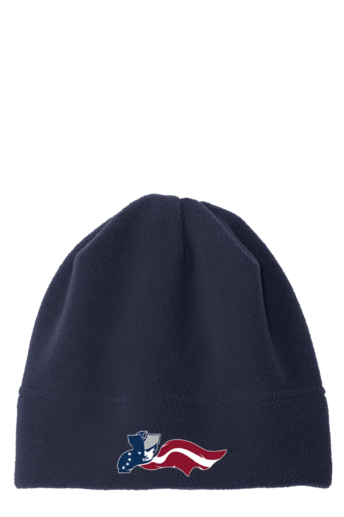 Navy blue beanie with a logo featuring an American flag design on a white background. Paper Street Print Co, Blairstown, NJ.