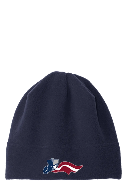 Navy blue beanie with a logo featuring an American flag design on a white background. Paper Street Print Co, Blairstown, NJ.