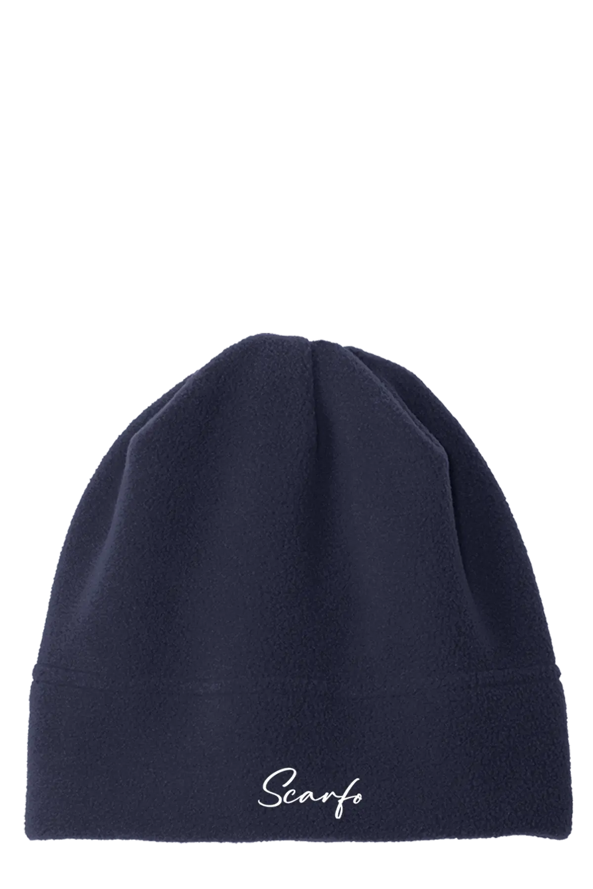 Navy blue beanie with 'Scarfo' branding on a white background. Paper Street Print Co, Blairstown, NJ.