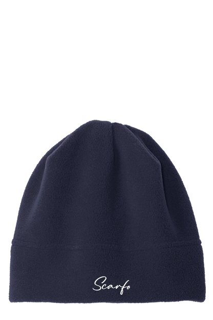 Navy blue beanie with 'Scarfo' branding on a white background. Paper Street Print Co, Blairstown, NJ.