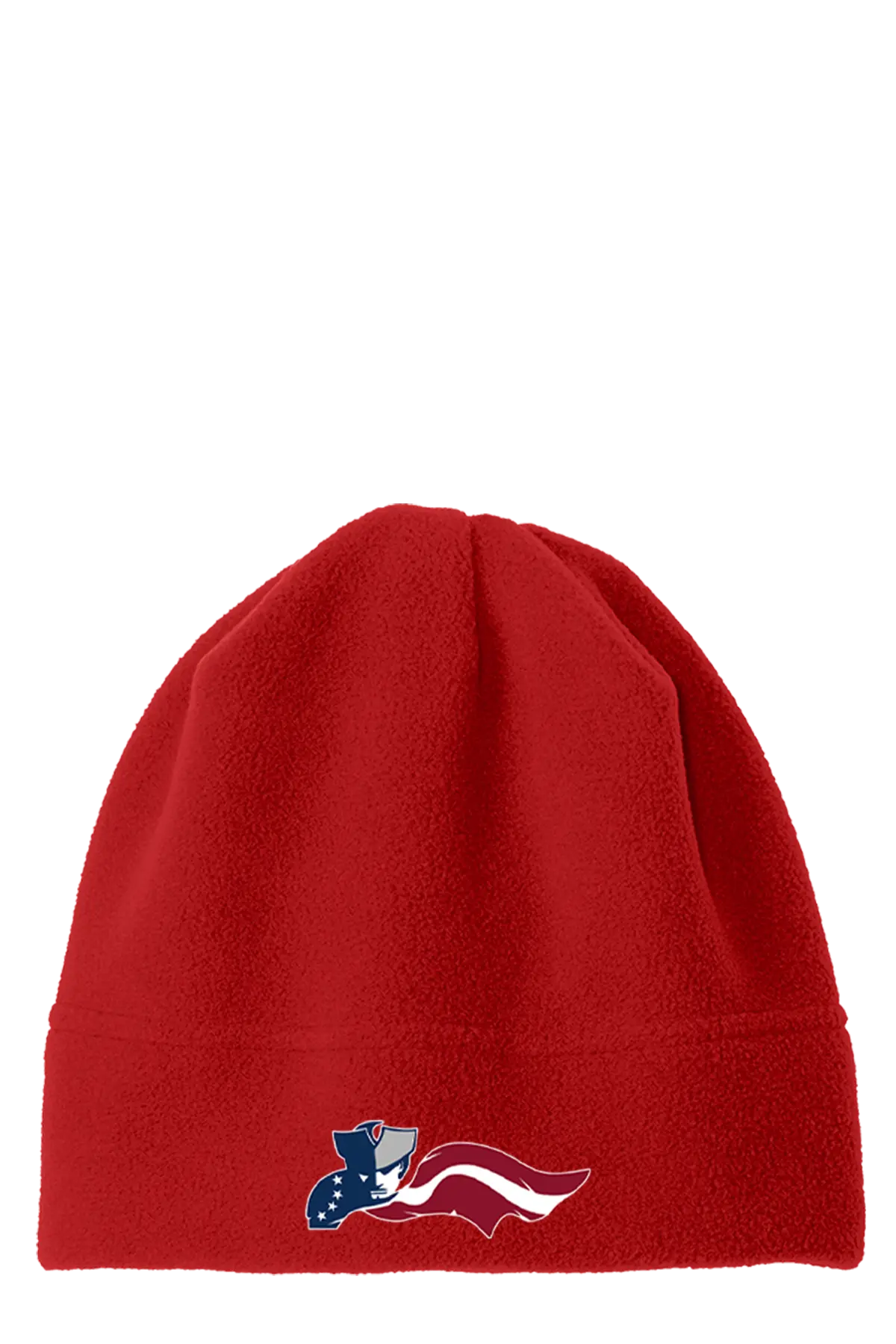 Red beanie with a small logo on a white background. Paper Street Print Co, Blairstown, NJ.