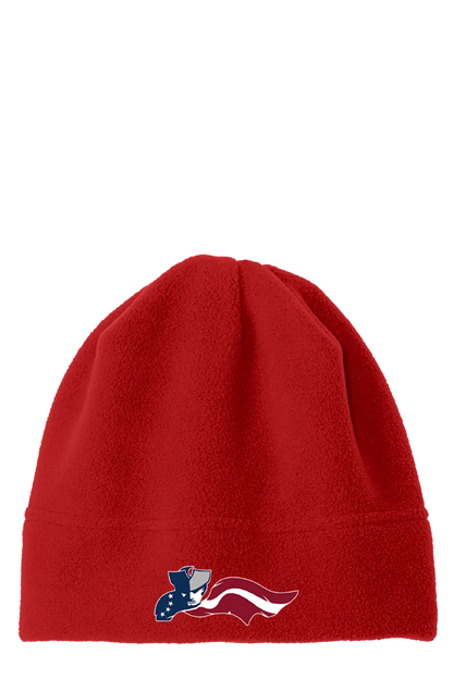 Red beanie with a small logo on a white background. Paper Street Print Co, Blairstown, NJ.