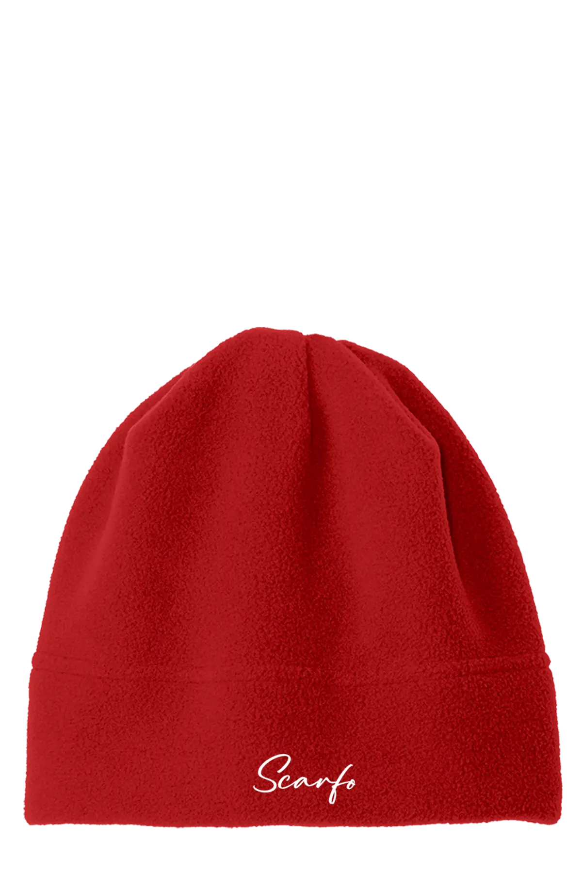 Red beanie with 'Scarfo' logo on a white background. Paper Street Print Co, Blairstown, NJ.