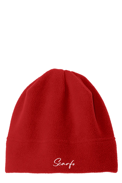 Red beanie with 'Scarfo' logo on a white background. Paper Street Print Co, Blairstown, NJ.