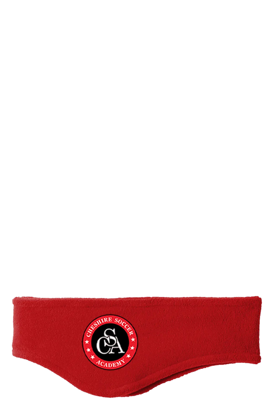 Red headband with a logo on a white background. Paper Street Print Co, Blairstown, NJ.