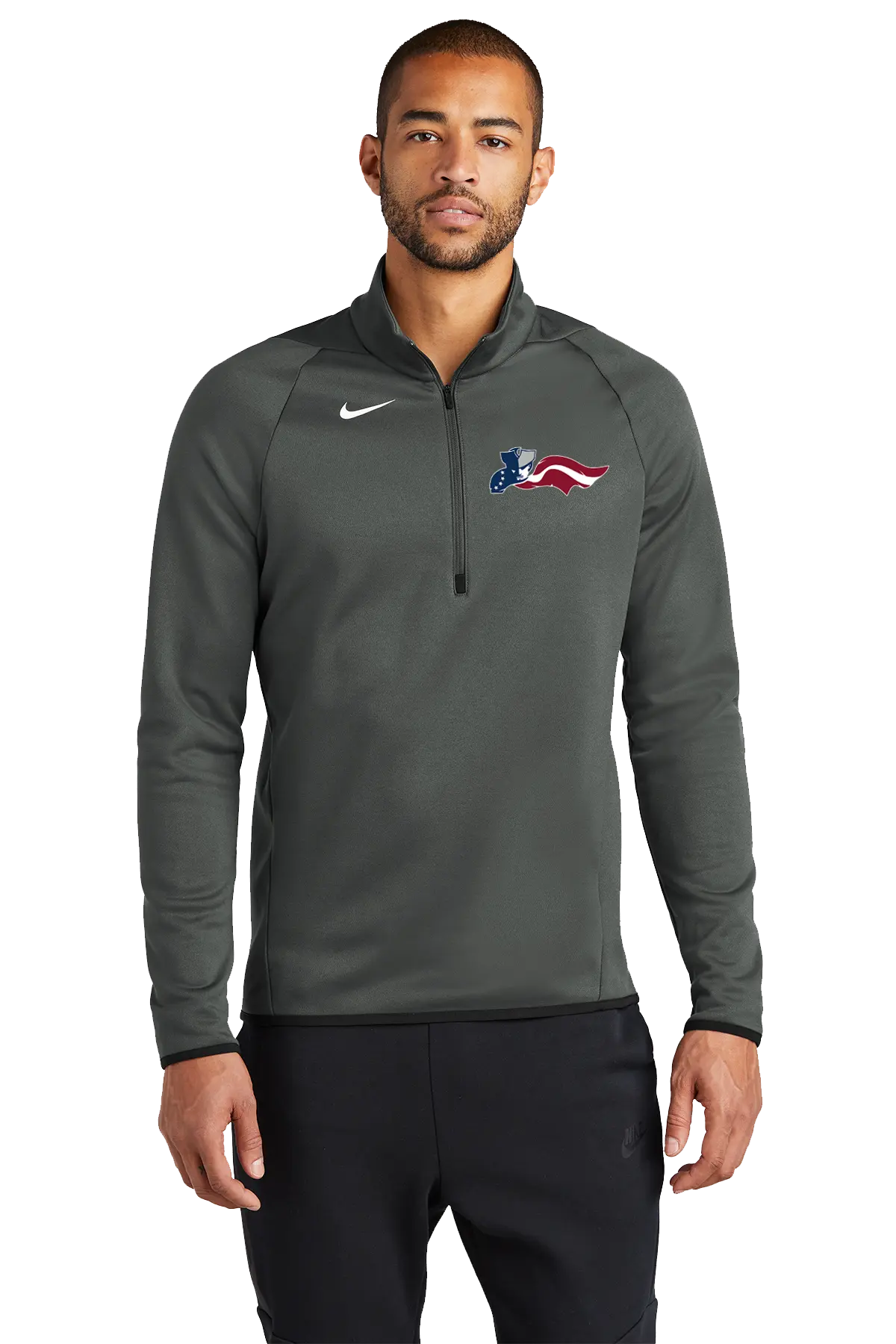 Man wearing a gray Nike pullover with a logo on a white background. Paper Street Print Co, Blairstown, NJ.