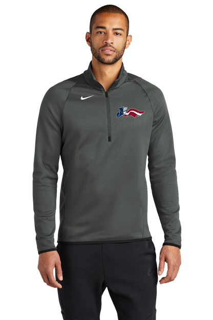 Man wearing a gray Nike pullover with a logo on a white background. Paper Street Print Co, Blairstown, NJ.