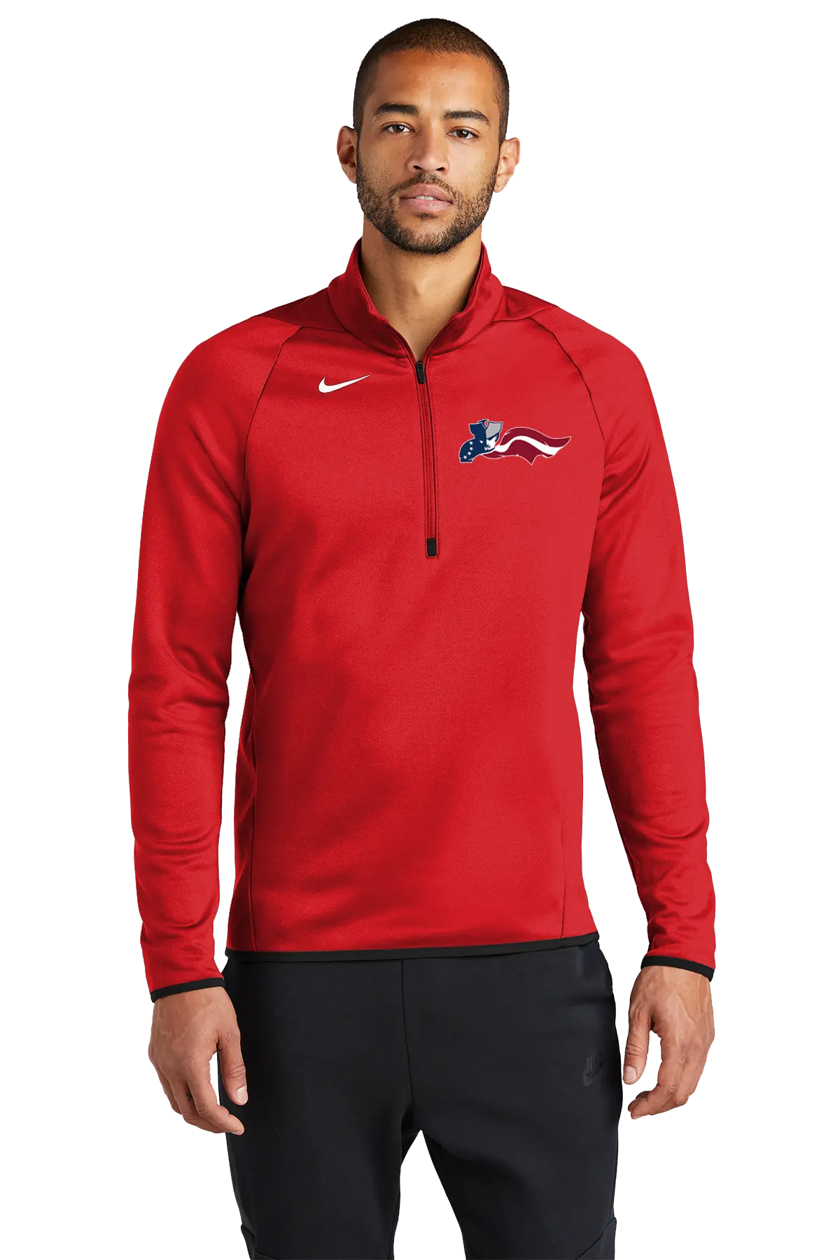 Man wearing a red Nike pullover with a logo on a white background. Paper Street Print Co, Blairstown, NJ.